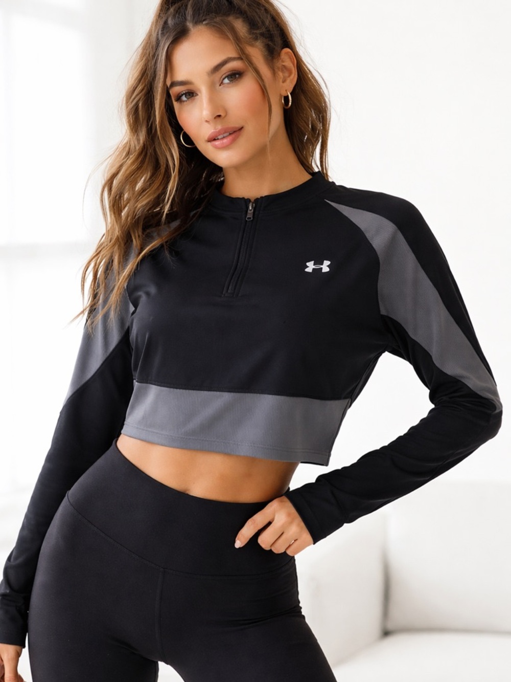 NWT Under Armour HeatGear Cropped Half Zip Pullover Black Grey Size L